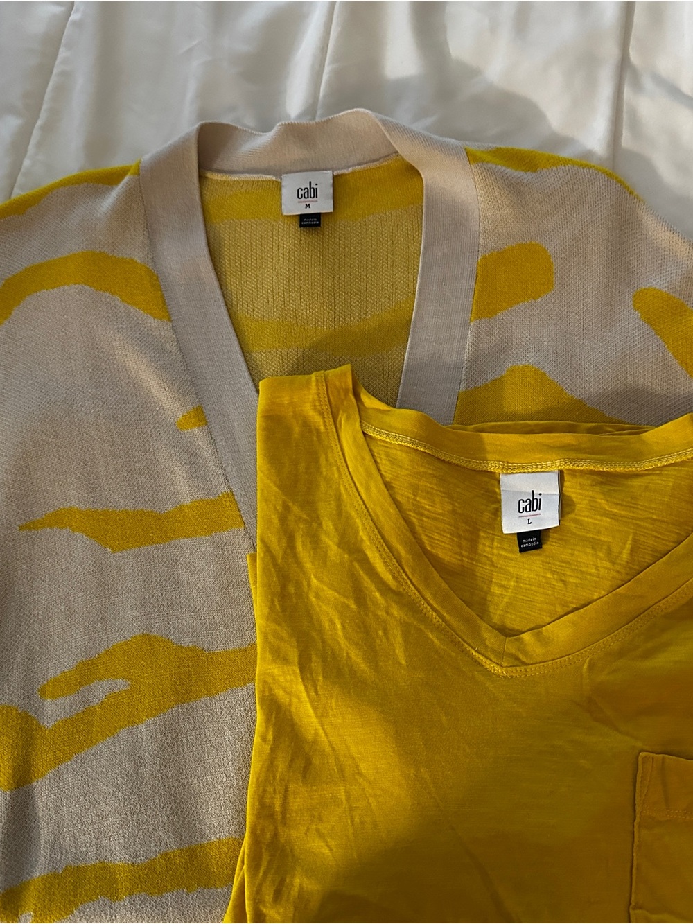 CAbi yellow V-neck tee with beige and yellow animal patterned cardigan